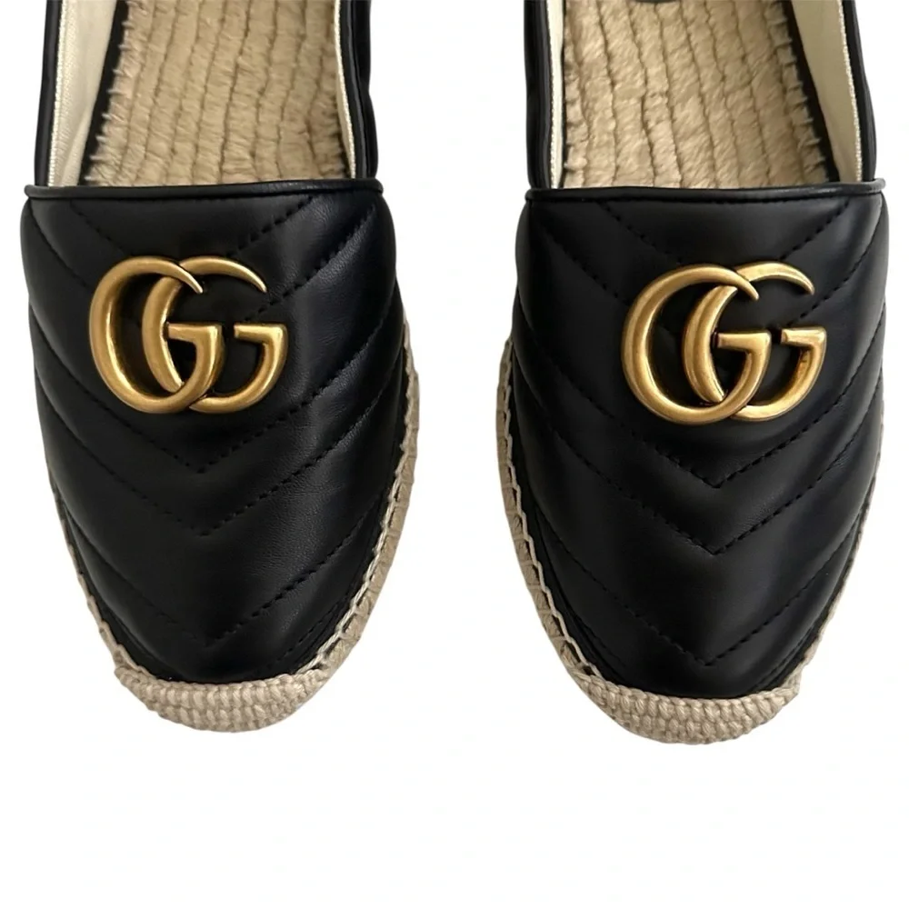 Gucci Nappa Quilted Charlotte GG Marmont Espadrilles in Black 37.5 | US 7.5